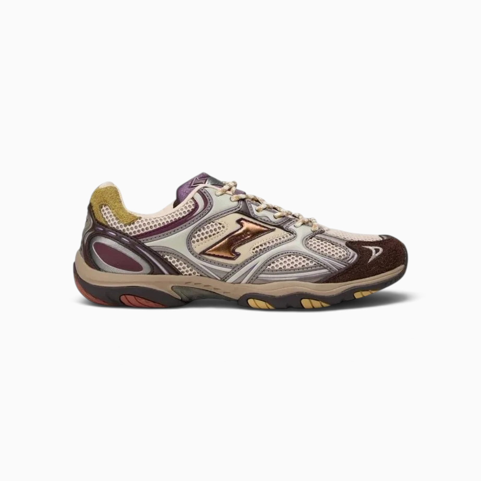 Baskets Etonic Champ Libre en mesh et suède marron, beige et violet avec détails métallisés et semelle robuste