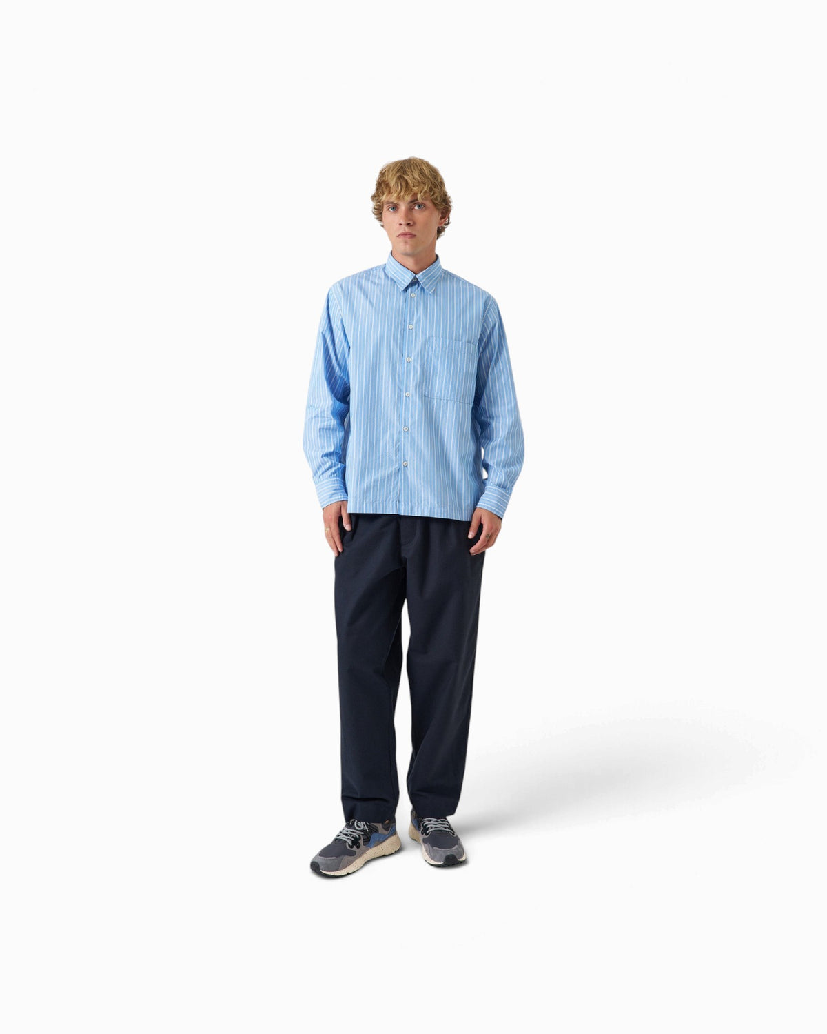 Universal Works - Lucky Shirt In Blue Stripe Refab Compact Cotton