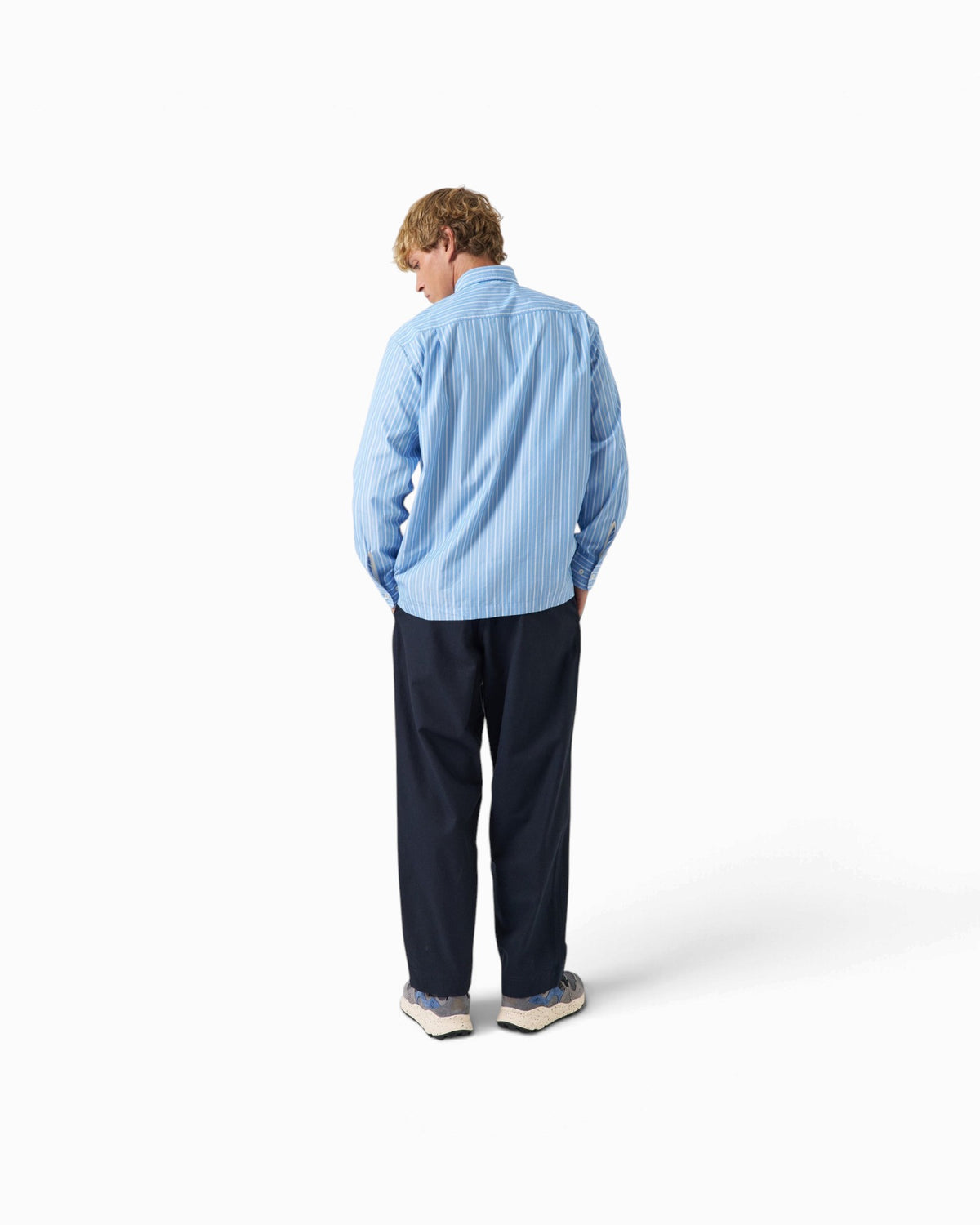 Universal Works - Lucky Shirt In Blue Stripe Refab Compact Cotton