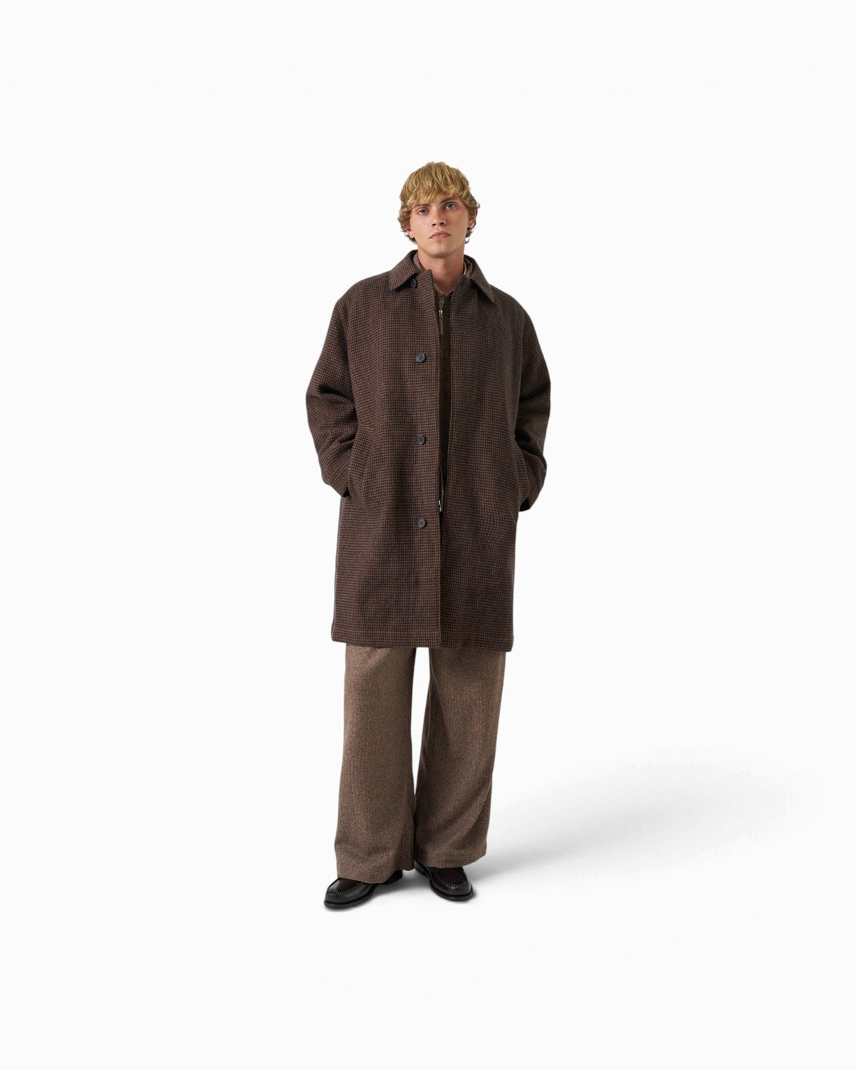 Universal Works - Stan Coat In Navy/Brown Wool Tweed Mix
