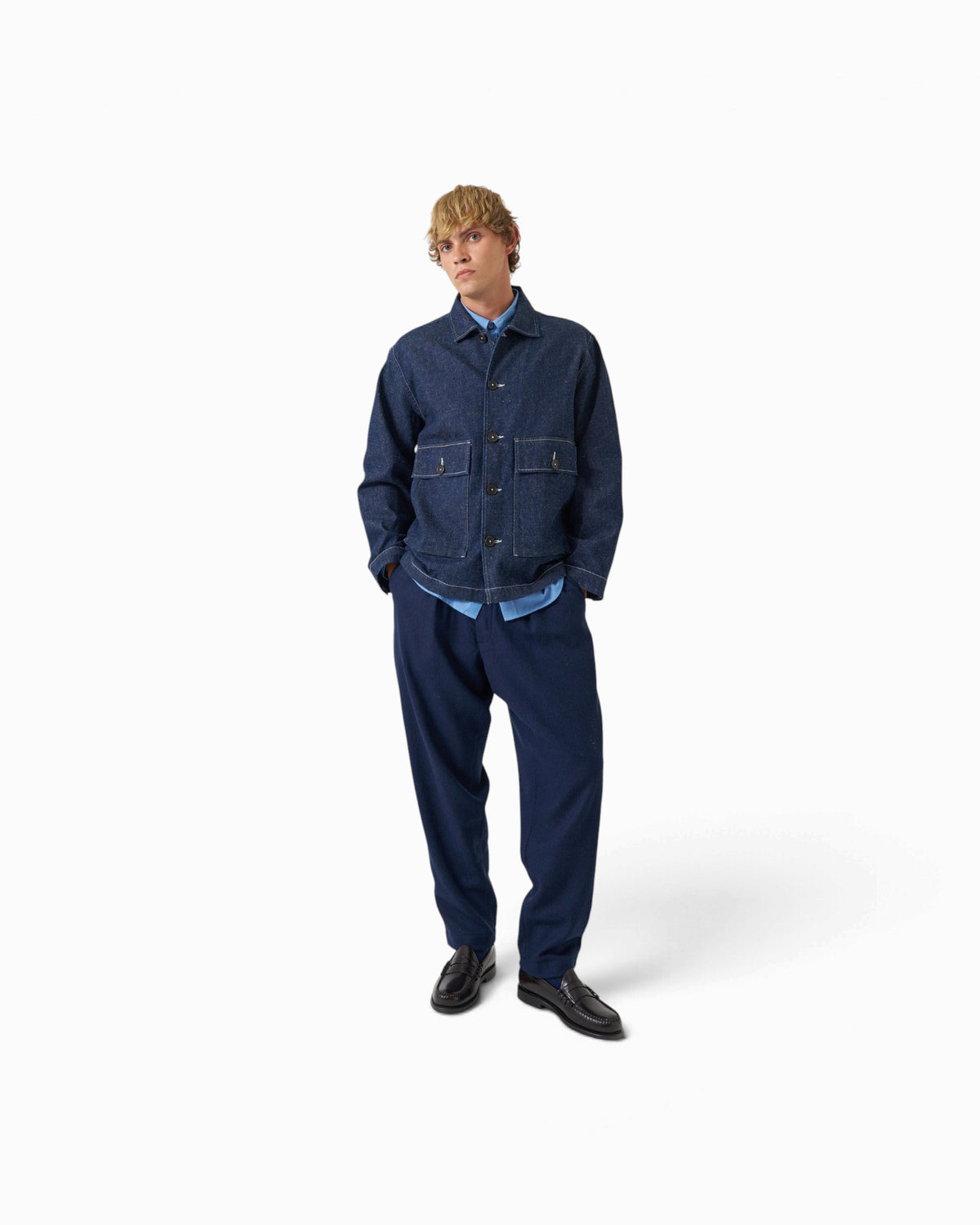 Universal Works - Pleated Track Pant In Navy Wool Herringbone