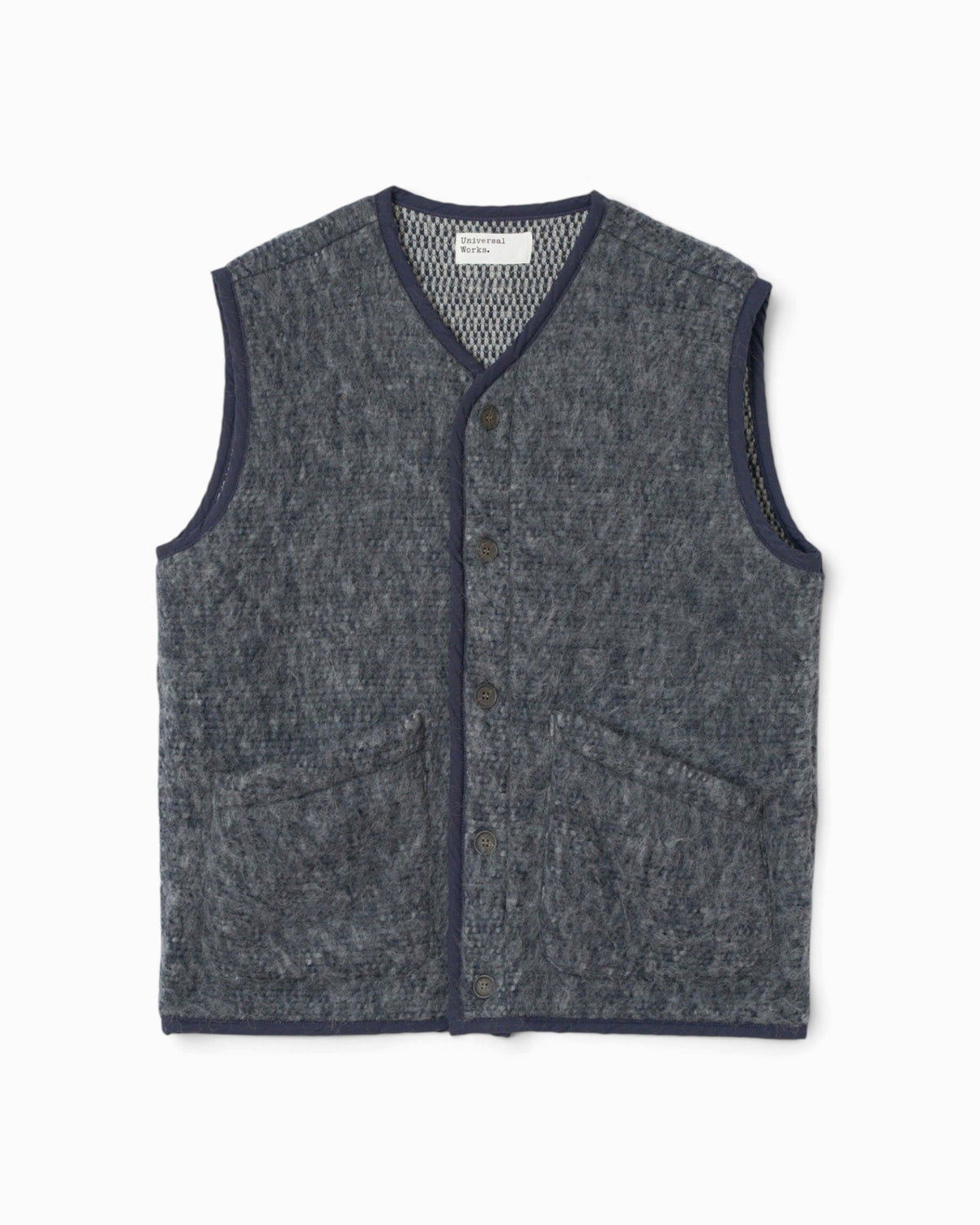 Universal Works - Lancaster Gilet In Navy/Pale Grey Losso Mohair Mix