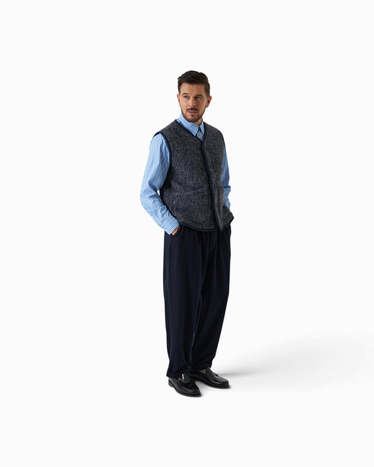 Universal Works - Lancaster Gilet In Navy/Pale Grey Losso Mohair Mix
