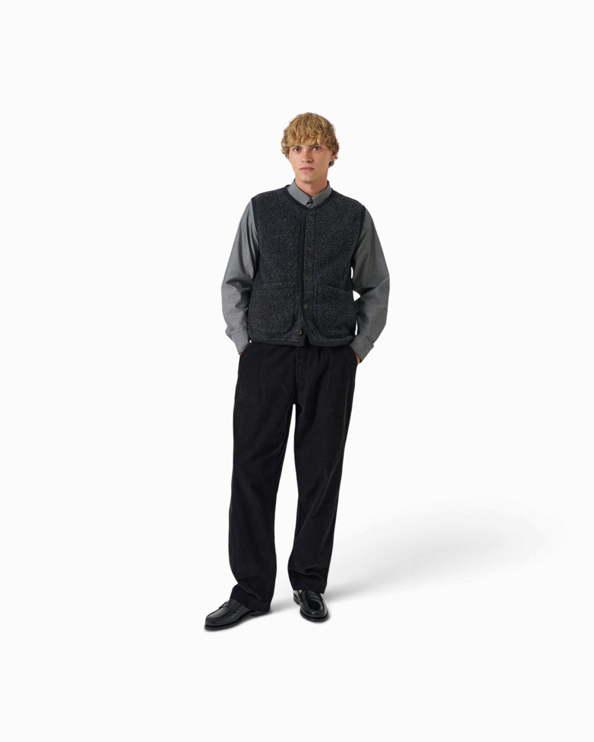 Universal Works - Lancaster Gilet In Charcoal Bouclet Fleece